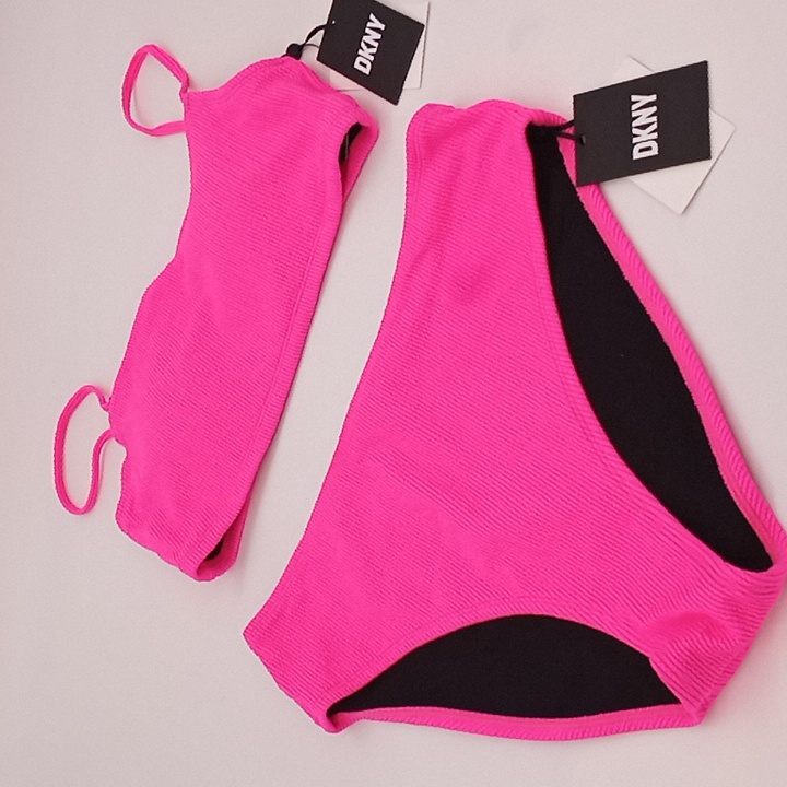 Dkny Textured Micro Scrunch Bikini Top High Waist Bikini Bottom Set Hot Pink L